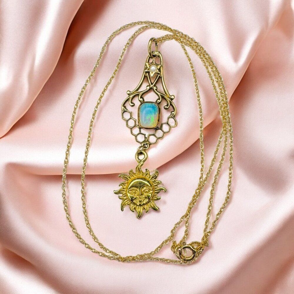ANTIQUE- 10k Gold- Natural Opal & Seed Pearl Sun Necklace - Victorian Era- 2.1g - Picture 2 of 16